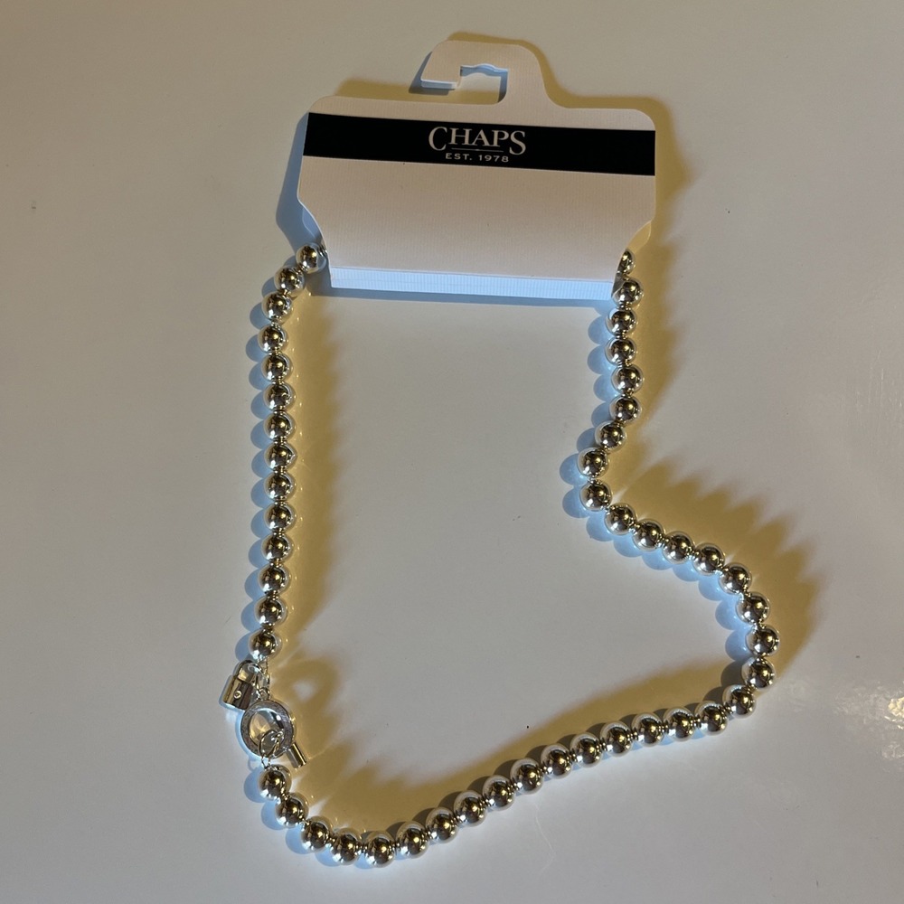 Chaps Womens Silver Beaded Necklace Toggle Closure Lock Charm QSSILV